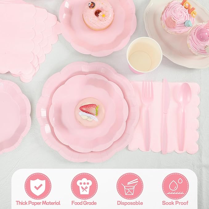 350 Pcs Light Pink Party Supplies Include Scalloped Plate Napkin Cup Forks Knives, Plastic Cutlery 50 Guest Disposable Party Tableware Set for Wedding Baby Shower Bridal Shower Birthday Parties