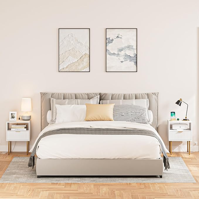 Nightstand with Charging Station,Morden Bedside Table with Gold Frame,Small White Night Stand,End Table,Bedside Furniture,Side Table with Drawer and Shelf for Bedroom,Living Room