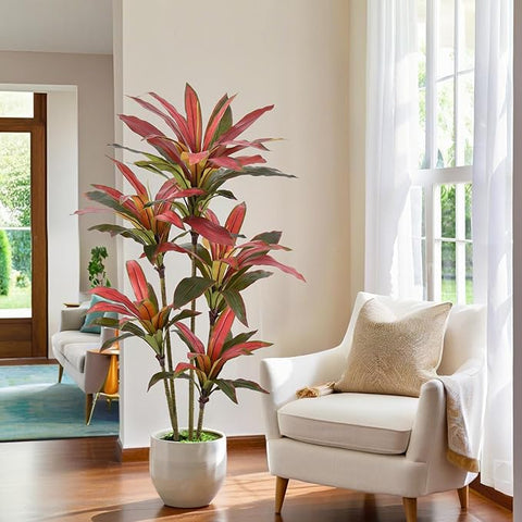 Artificial Dracaena Tree 5ft(60in) Tall Large Faux Silk Plants with Realistic Trunks and Red Leaves, Fake Floor Potted Artificial Plants for Home Office Indoor Decor (5feet,1Pack)