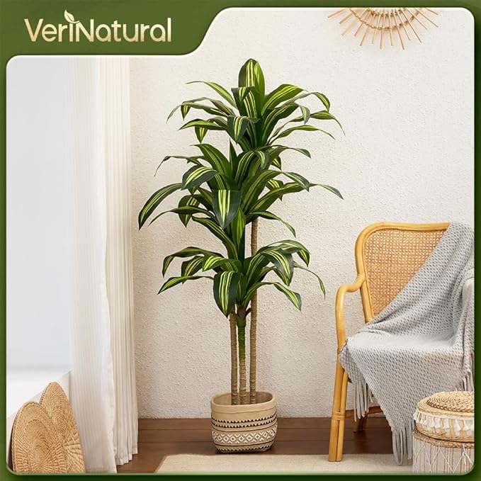 Artificial Dracaena Tree 5FT - Tall Faux Floor Plant with UV-Resistant,Artificial Plants with Lifelike Leaves,Potted Fake Trees for Home, Living Room,Indoor & Outdoor Decor,VN123(Yellow)