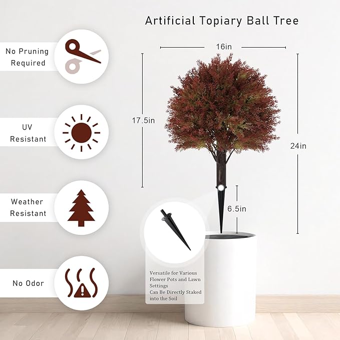 24" Fall Cedar Topiary Trees Artificial Outdoor, Set of 2 Faux Bushes and Shrubs with Ground Spike, UV Resistant Realistic Large Fake Ball Plants for Front Porch Outside Planters Backyard Decor