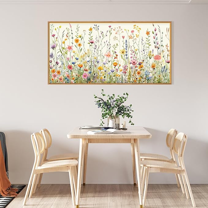 HPINUB Colorful Flower Framed Canvas Wall Art Set, Watercolor Daisy Floral Wall Decor, Wildflower Green Leaf Wall Painting, Multicolour Botanical Art Print for Living Room, Bedroom, Office -20"x40"