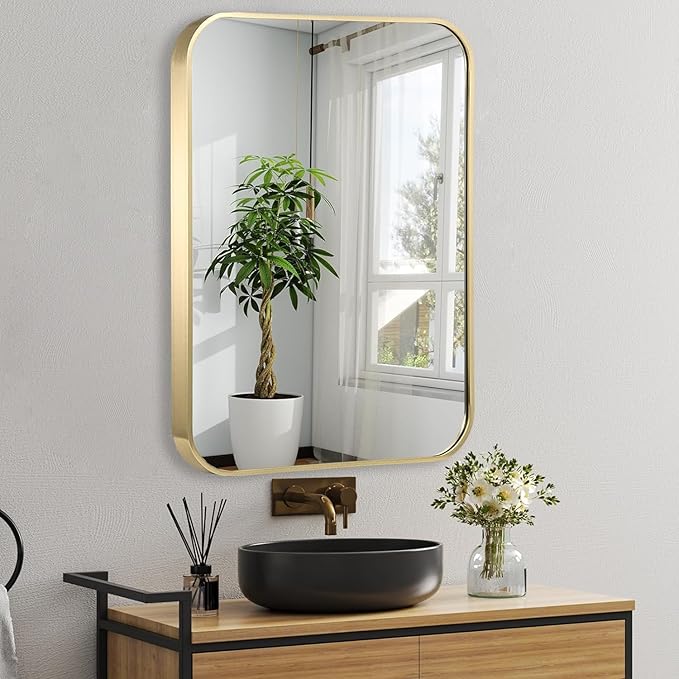 30x36 Inch Gold Bathroom Mirror, Brushed Brass Gold Metal Framed Rectangular Mirror with Rounded Corner, Bathroom Vanity Mirror for Bedroom or Living Room, Horizontal/Vertical