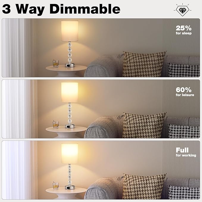 Touch Bedside Crystal Lamps for Bedrooms Nightstand with USB C+A Charging Port and AC Outlet White, 3 Way Dimmable Silver Large End Side Table Lamp for Living/Guest/Dinning Room/Kitchen