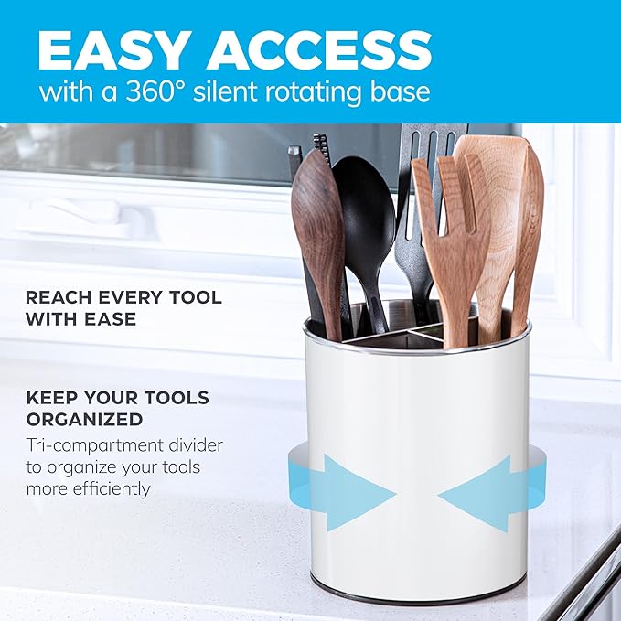 Rotating Extra Large Stainless Steel Utensil Holder Caddy with Sturdy No-Tip Weighted Base, Removable Divider, and Gripped Insert Bottom - Dishwasher Safe Metal Cooking Utensil Holder (White)
