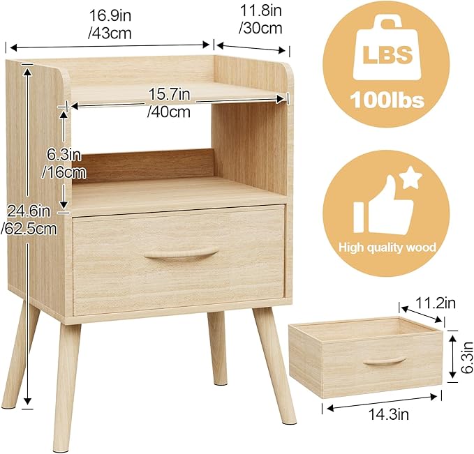 NightStand with Open Shelf,Night Stand with Drawer Storage Side Tables End Table,Bedside Table with Solid Wood Feet,Mid Century Night Stands for Bedroom Sofa Couch Small Spaces (Natural)