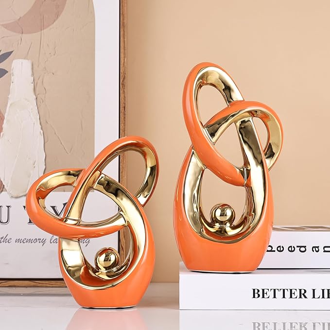 Orange Modern Abstract Art Home Decor Accent,Statues Coffee Table Decor for Living Room,Table Centerpieces for Dining Room,Ceramic Sculptures and Gold Knick Knacks for TV Stand Decor (Orange Gold)