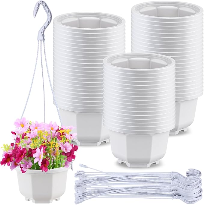 Roshtia 50 Pcs Plastic Hanging Plant Pots with Hooks Flower Pots Baskets Outdoor Hanging Nursery Planter Holder for Home Garden Balcony Porch(Gray White,5.1 inch)