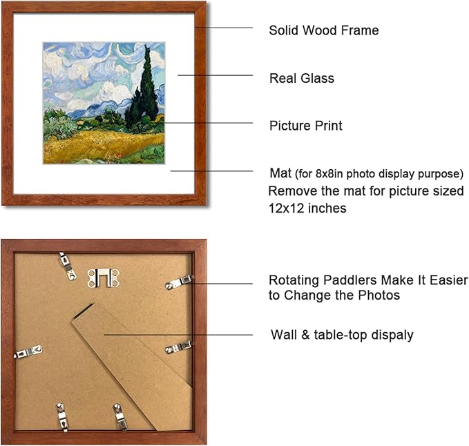 12x12 Picture Frame Set of 2 Made of Solid Wood Photo Frame with Real Glass for Pictures 8x8 with Mat or 12x12 without Mat, Wall Gallery or Tabletop display Frames, Brown