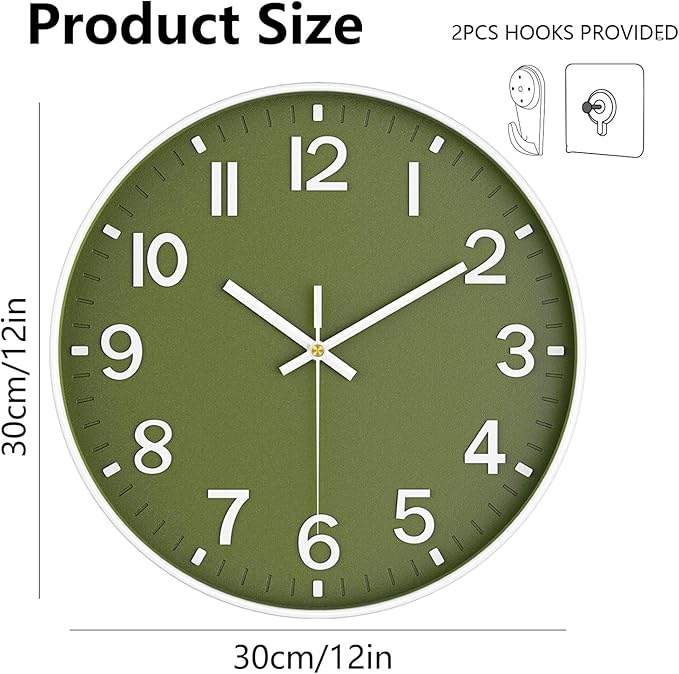 Wall Clocks Battery Operated, 12 Inch Non Ticking Wall Clock, Silent Analog Clock for Bedroom Living Room Kitchen Office Gym Classroom Decor, Large Number Clocks for Seniors, Olive Green