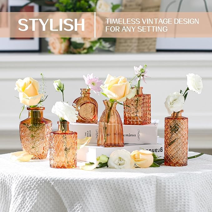 Mini Bud Vases Set of 12 As Wedding Centerpieces for Tables,Clear Bud Vases for Flowers,Small Flower Vases Suitable for Birthday Party,Anniversary,Wedding Reception,Baby Shower (Amber, 12PCS)
