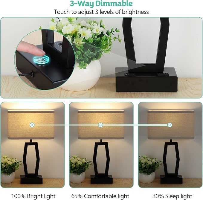 Bedside Lamps with USB Ports and AC Outlet, Touch Control Table Lamp for Bedroom 3-Way Dimmable Nightstand Lamps Set of 2 with for Living Room Dorm Office, LED Bulbs Included