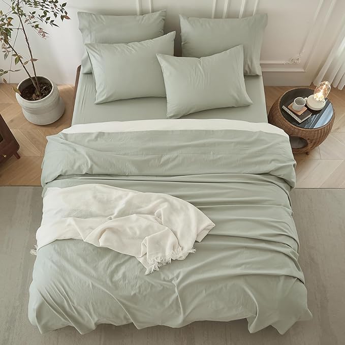 6PS Linen Like Bedding Sheet Sets Sage Green Queen Size Cotton Bedding Set Oeko-TEX Standard 100% Washed Cotton Deep Pocket Queen Size Fitted Sheet Plus Cozy Flat Sheet and 4 Pillowcases