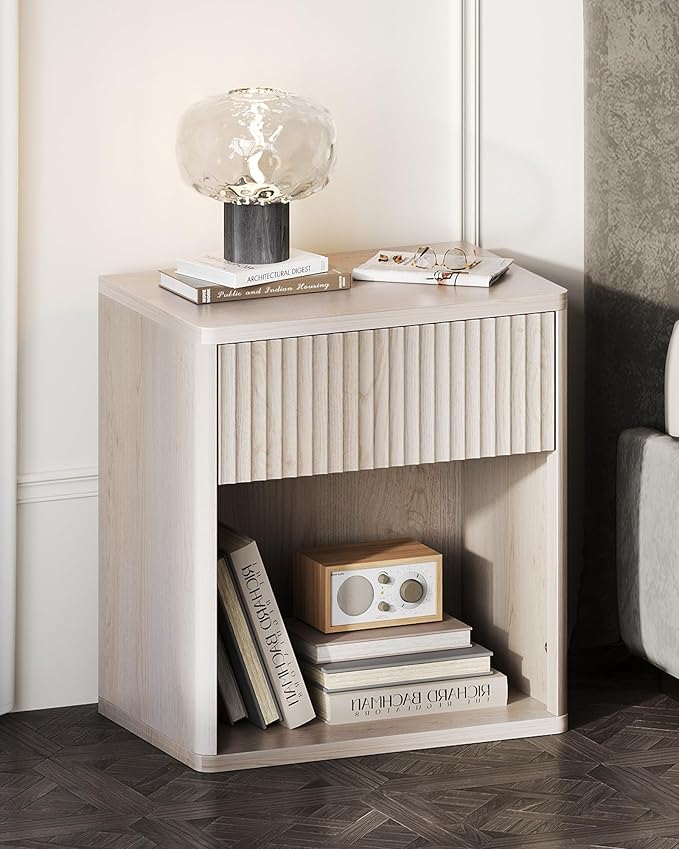 WLIVE Night Stand, Wood Nightstand with Storage Drawer and Open Shelf, Fluted Bedroom Nighstand, Mid Century Bed Side Table, End Tables Living Room, Dorm, Home Office, White Alder