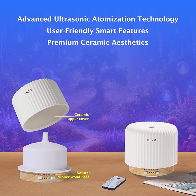 T19 Ceramic Aroma Diffuser – 200ml Ultrasonic Essential Oil Diffuser with Breathing Light, Auto-Off, Natural Wood Base, Handcrafted White Ceramic for Home Décor