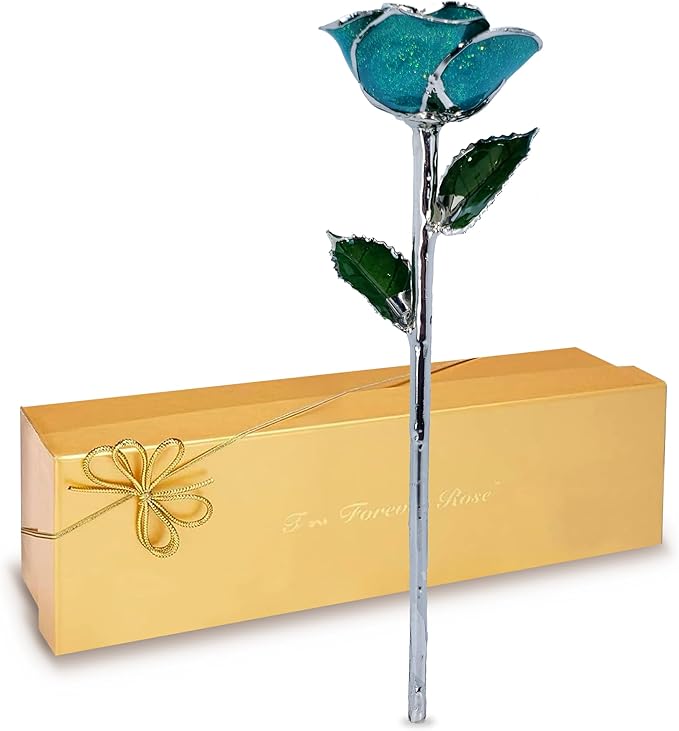 Forever Rose Real Serenity Sparkle Rose with Glittery Teal Platinum Trimmed Petals and Platinum Stem, Handcrafted Preserved Rose in Gold Gift Box, Romantic Gift for Her, Elegant Gift for Any Occasion