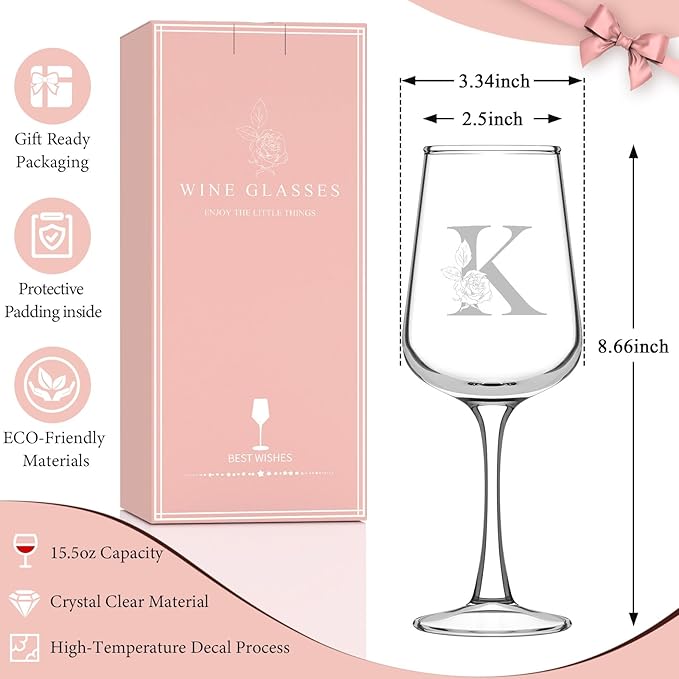 Monogrammed Wine Glass Gifts for Women - Personalized A-Z Wine Glasses with Gift Box & Greeting Card | Custom Mothers day, Anniversary, Birthday Gifts for Her, Mom, Wife, Best Friend, Sister,Woman (K)