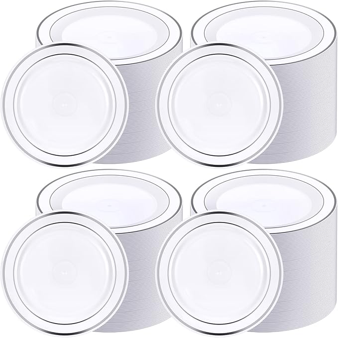 200 Pieces Disposable Plates Plastic Party Plates with Rim Hard Plastic Appetizer Salad Dessert 7.5 Inch Elegant Heavy Duty Tableware for Dinner Wedding Party Supplies(Silver Rim)