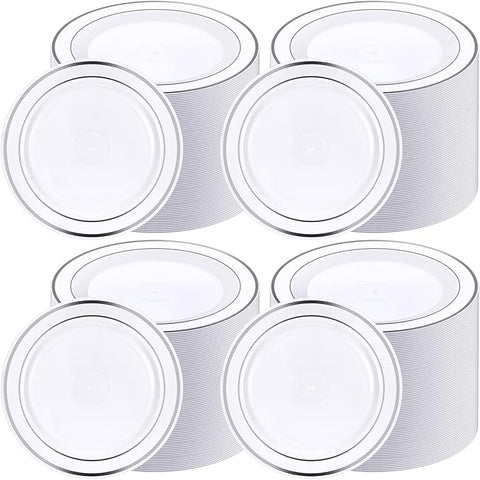 200 Pieces Disposable Plates Plastic Party Plates with Rim Hard Plastic Appetizer Salad Dessert 7.5 Inch Elegant Heavy Duty Tableware for Dinner Wedding Party Supplies(Silver Rim)