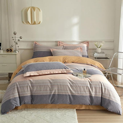 VM VOUGEMARKET Gray Stripes Duvet Cover Queen,100% Brushed Cotton Duvet Cover Matching 2 Pillow Shams,3 Pieces Burnt Orange Bedding Set Without Comforter-90x90 Inch