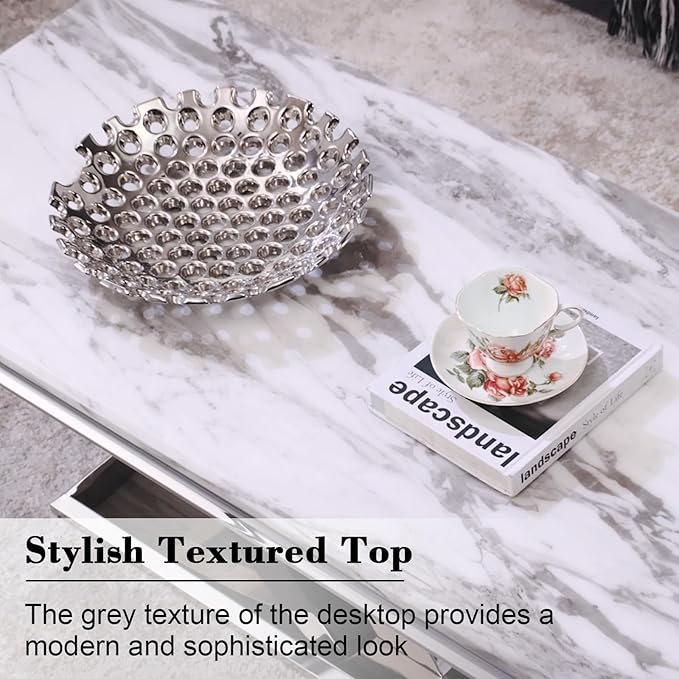AUZ Coffee Table, Silver and White Coffee Table with Polished Silver X Base, Luxury Rectangle Center Table for Living Room,Tea, Guest Hall, Sofa, Reception Room,Office