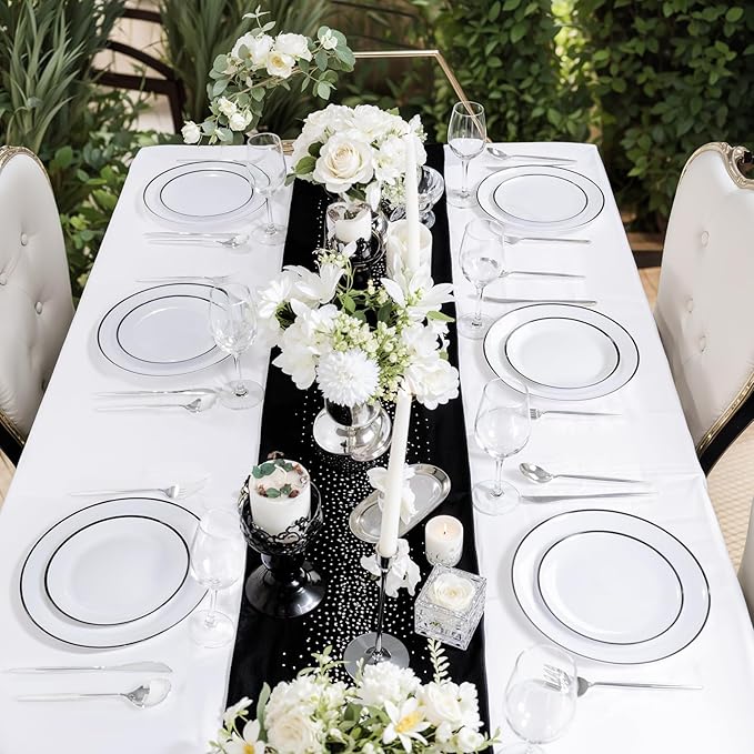 LIYH 60 Pcs White Plastic Plates Disposable for Party Black Plastic Disposable Heavy Duty Party Wedding Plates Including 30 Dinner Plate 10.25” & 30 Dessert Plate 7.5"
