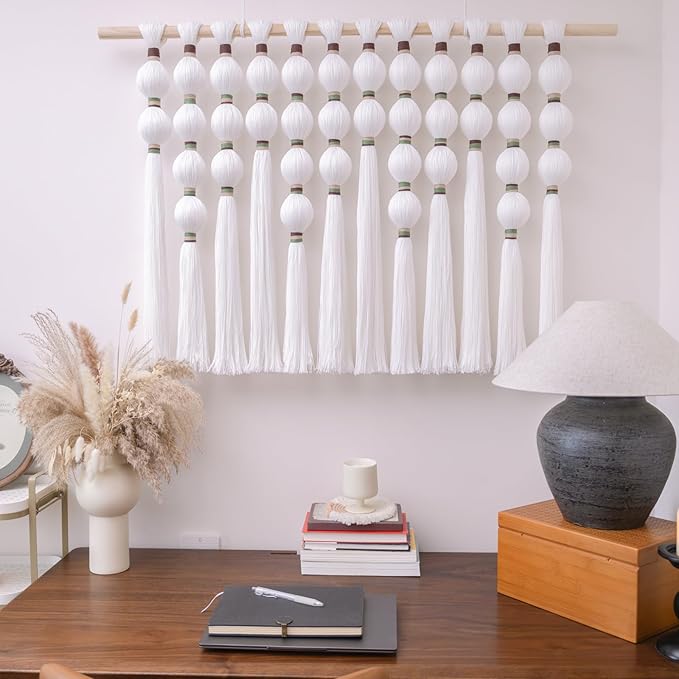 Remmdan Large Macrame Wall Hanging: Extra Large Macrame Wall Decor, Boho Sphericity Fibre Yarn Art, Handmade Bohemian Woven Tapestry for Living Room Bedroom Wedding, 39" W x 30" L, White