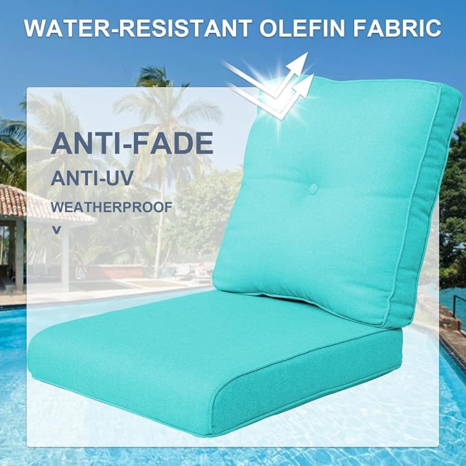 Patio Cushions for Outdoor Furniture - 22×24 Inches High Back and Deep Seating Outdoor Cushion for Patio Chairs Sofa Couch Loveseat Water Resistant(Teal/1 Set/Button)