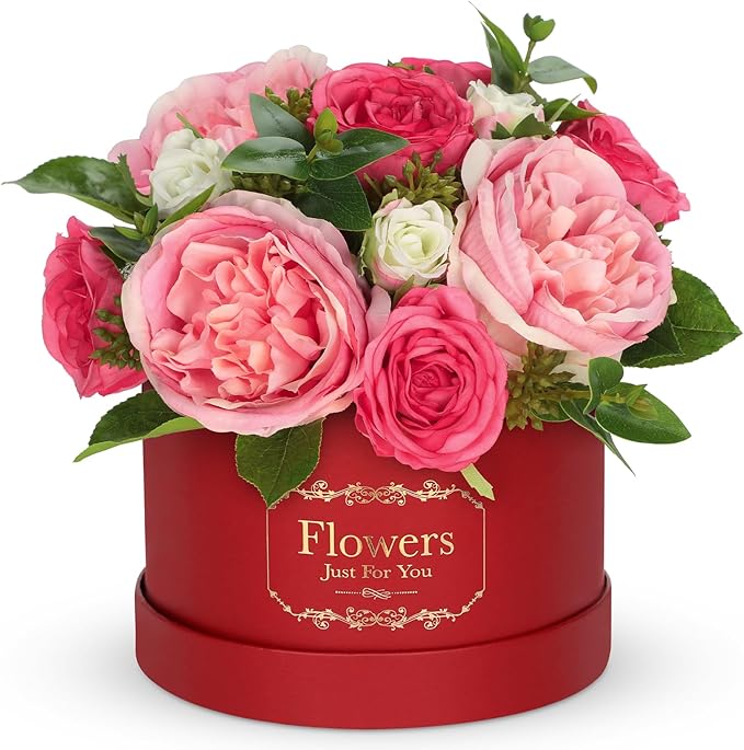 Hollyone Red Pink Artificial Peonies Roses in Vase Round Gift Boxes with Fake Flowers Arrangements Faux Flowers Floral in Box Vase for Her Mothers' Day Valentine's Day Christmas Birthday Gift
