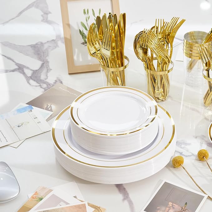 350 Pieces Gold Disposable Plates for 50 Guests, Disposable Plastic Plates for Party, Wedding, Dinnerware Set of 50 Dinner Plates, 50 Salad Plates,50 Cups and 50 Paper Napkins, Gold