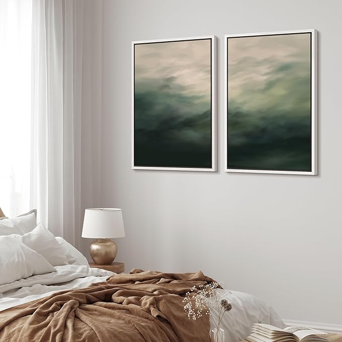 MUDECOR Framed Canvas Print Wall Art Dark Green Abstract Misty Landscape Moody Illustrations Modern Art Decorative Chic for Living Room, Bedroom, Office - 16"x24"x2 White