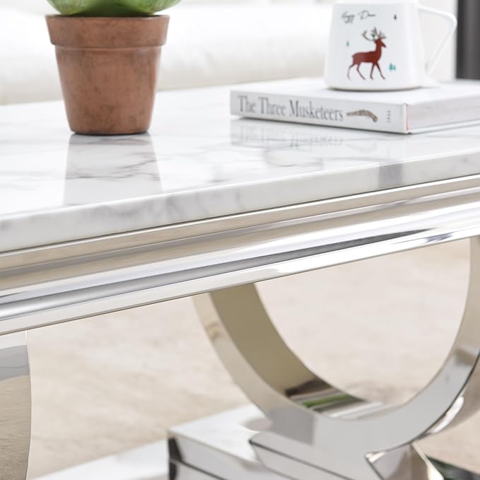 SSLine Rectangular Faux Marble Coffee Table for Living Room Modern Luxury White Marble Center Table with Silver Pedestal Base 46.8" Mid-Century Cocktail Table with Mirrored Stainless Steel Frame Legs
