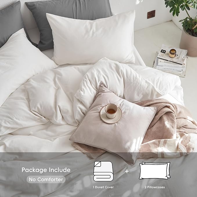 MooMee Queen Duvet Cover Set, 100% Washed Cotton Linen Like Twill Thick Sturdy Material Super Soft Breathable Durable Bedding for All Season, 3 Pieces (Off White, Queen 90"x90")