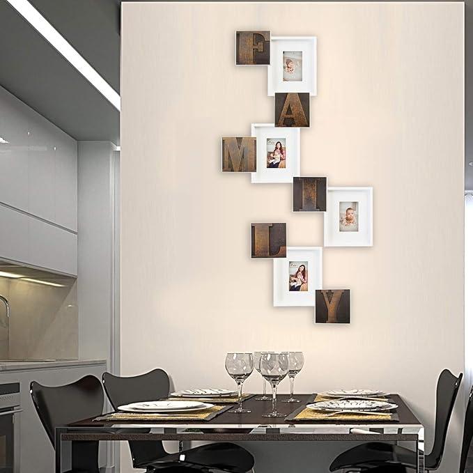 J.M.Deco Luxury Photo Frame 4 Slots Reunion Family Slogan Picture Frame with Glass Cover Selfie Gallery Collage Wall Hanging for 6x4 Photo, White & Brown Gold