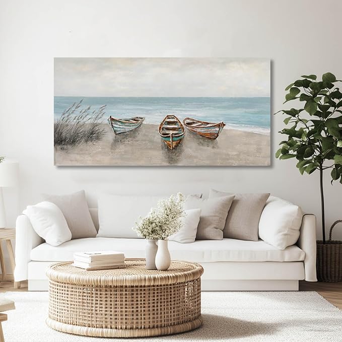 WINKAILIN Coastal Wall Art Beige and Blue Pictures Wall Decor Boat Canvas Prints 24"x 48" Scenery Artwork Vintage Posters for Bedroom Office Home