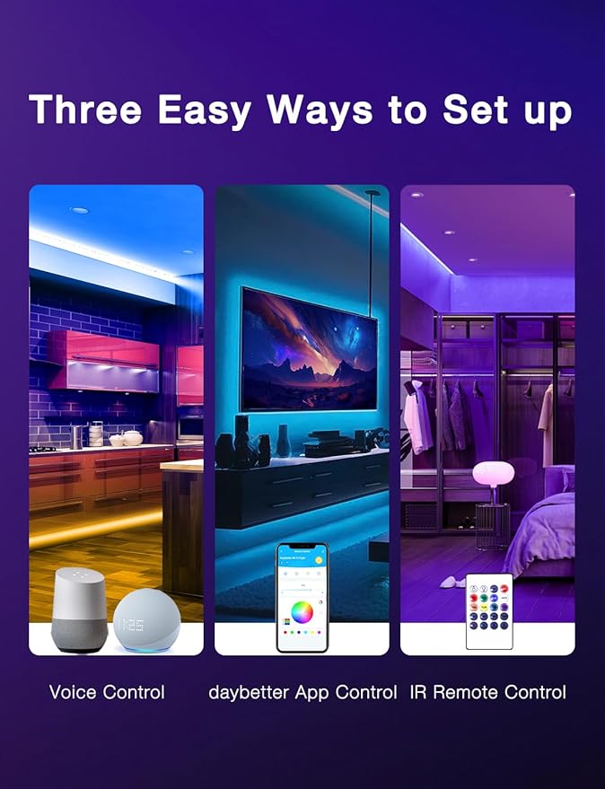 DAYBETTER Smart WiFi Led Lights 100ft - Led Strip Lights Work with Alexa and Google Assistant RGB Strip Lighting Music Sync Color Changing with App Voice Remote Control for Room Bedroom Decor 50ft*2