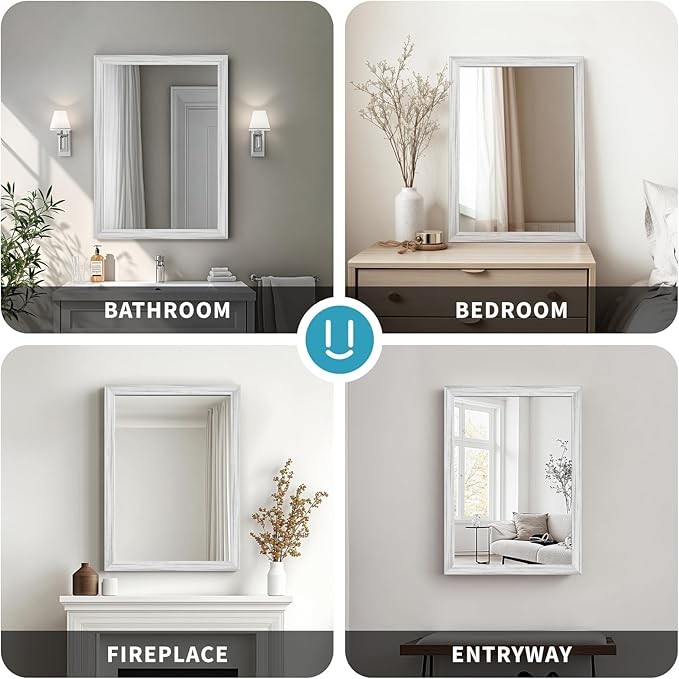 White Wood Effect Framed Wall Mirror, 20x30 Rectangle Mirror, 1/8" Anti-desilvering Tempered Glass, Sustainable& Sturdy Frame, Anti-Rust, HD Reflection &3min Fast Setup for Bathroom Living Room