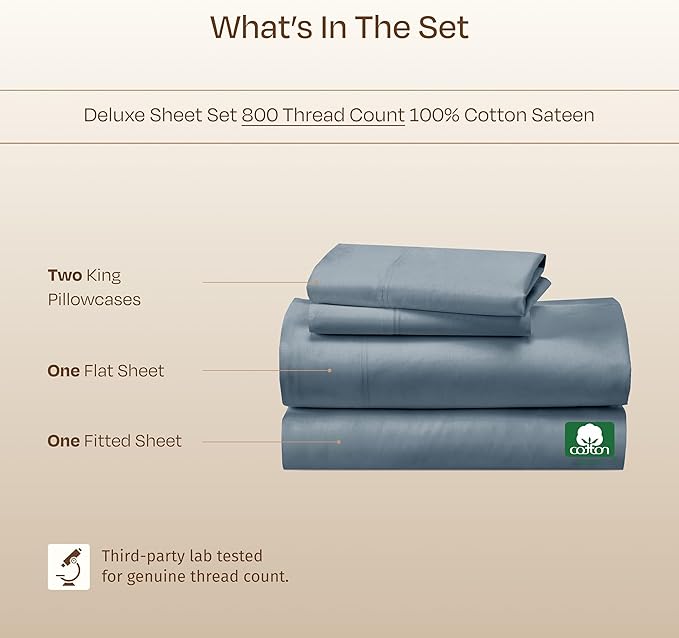 California Design Den Luxury 100% Cotton Sateen - Buttery Soft 800 Thread Count King Bed Sheet Set - Beats Fake Egyptian Claim, Durable Deep Pocket Fitted Sheet (Blue)