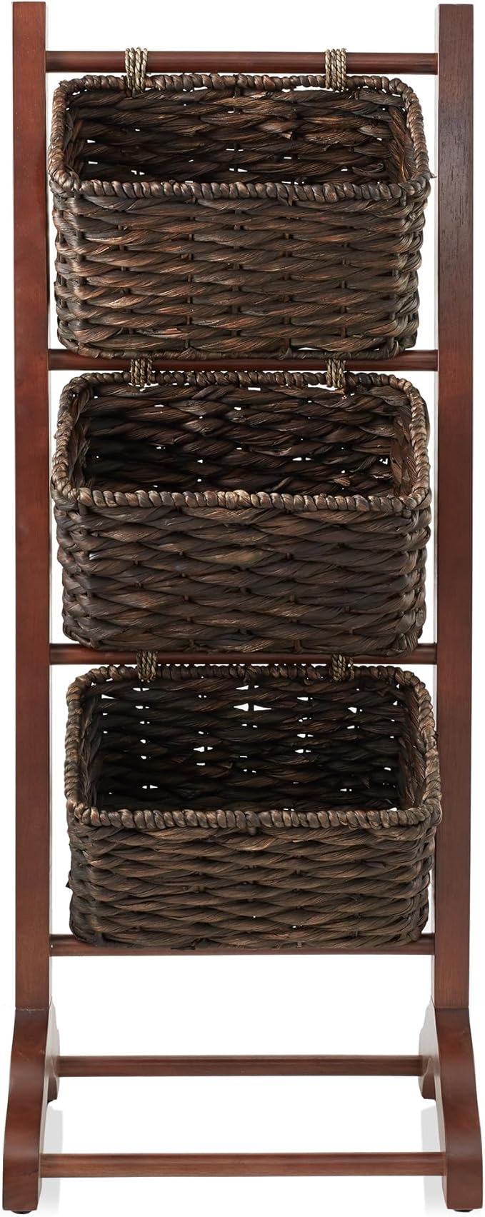 Casafield 3-Tier Floor Stand with Water Hyacinth Storage Baskets, Walnut/Espresso - Standing Organizer Rack for Bathroom, Kitchen, Laundry, Living Room