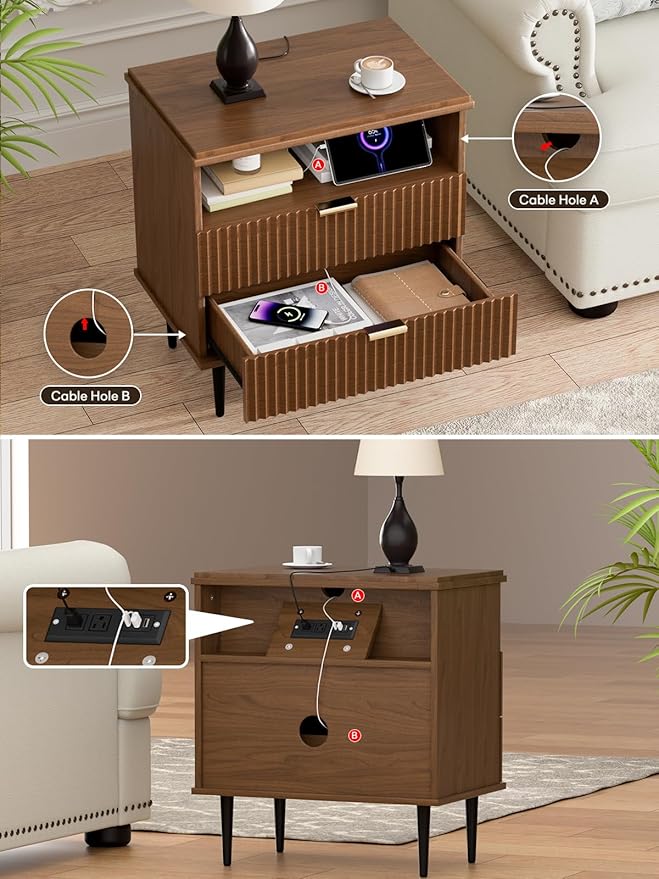 Modern Nightstand with Charging Station, 2 Drawers Fluted Wood Bedside Table with USB, Type-C & Outlets, Metal Legs, Storage Dresser for Bedroom or Living Room (Walnut, 23.3)