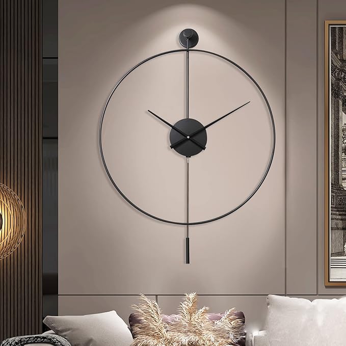 YISITEONE Classical Large Decorative Wall Clock with Pendulum, Modern Non-Ticking Silent Metal Wall Clocks for Living Room, Bedroom, Study, Office, 23.6" (Black)