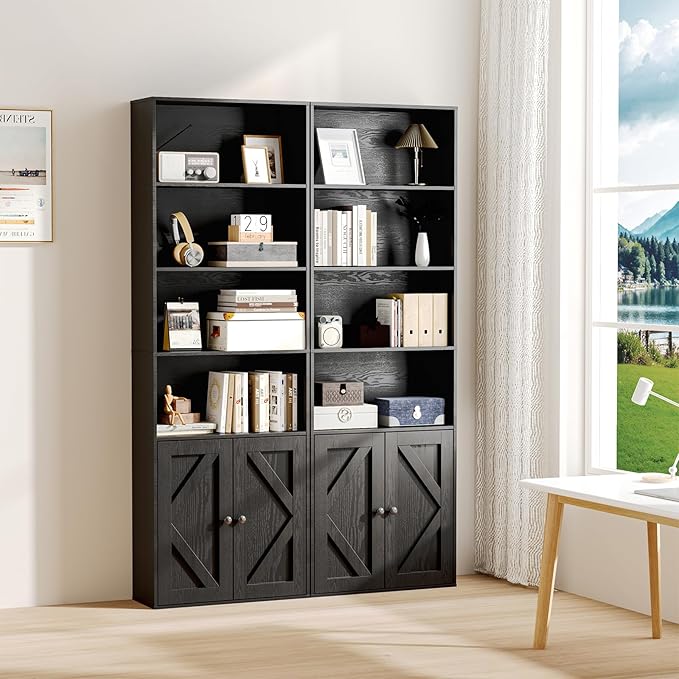 Tall Wooden Bookshelf with Cabinet and Doors,Vintage Black Bookcase for Bedroom, Living Room, or Home Office Storage, 6 Shelves for Heavy Books & Organization