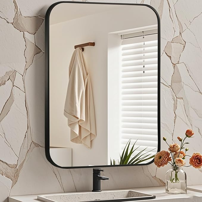 Matte Black Mirror, 24"x32" Rectangle Bathroom Mirror, Metal Frame Rectangle Corner Vanity Mirror, Wall Mounted Mirror for Modern, Living Room, Bedroom, Horizontal Or Vertical