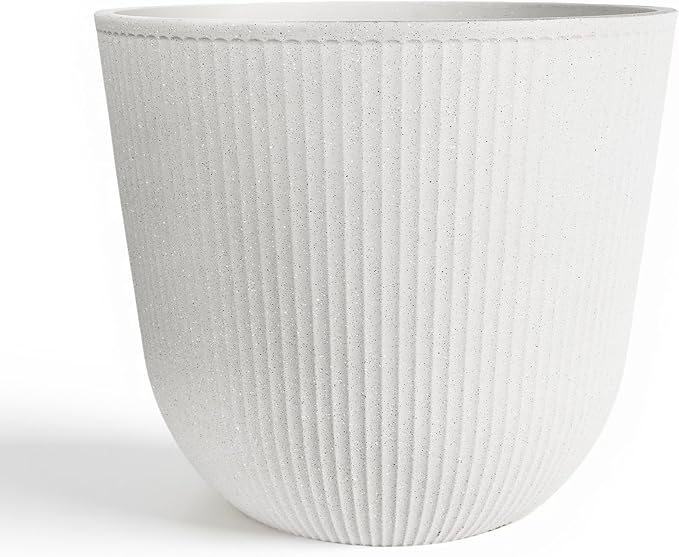 WORTH Garden Round Large Planter Pot 1-Pack - 17.5" Dia x 15.5" H - Durable Plastic White Plant Tree Pots with Vertical Stripe Textured Finish, Drainage Hole for Indoor, Outdoor, Front Porch, Patio