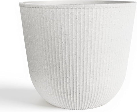 WORTH Garden Round Large Planter Pot 1-Pack - 17.5" Dia x 15.5" H - Durable Plastic White Plant Tree Pots with Vertical Stripe Textured Finish, Drainage Hole for Indoor, Outdoor, Front Porch, Patio