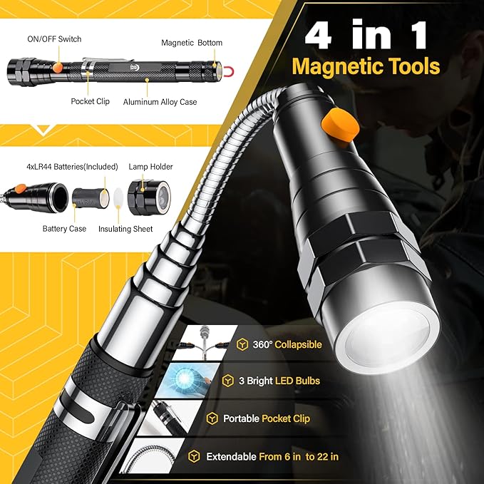 Magnetic Pickup Tool Set with 15lb&1lb Pick Up Rod, Round&Square 360 Swivel Adjustable Inspection Mirror and Telescoping Flexible Flashlight, Birthday Gifts For Men, Dad, Husband, Father