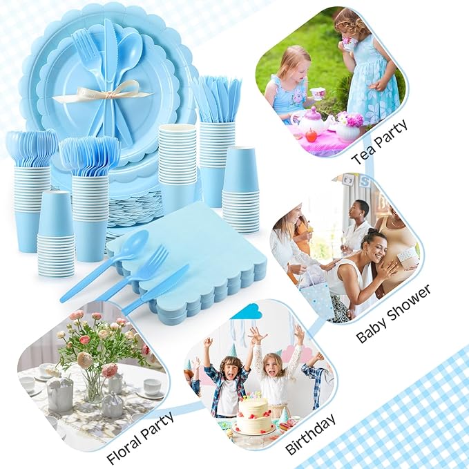350 Pcs Baby Blue Plates and Napkins, 50 Guest Spring Party Supplies Include Scalloped Paper Plates Napkins Cups Plastic Spoons Forks Knives Disposable Tableware Set for Baby Shower