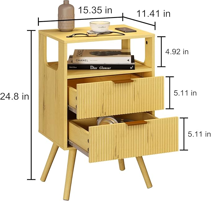 Nightstand,Modern Bedside Table with 2 Storage Drawer and Open Wood Shelf, for Bedroom and Small Spaces,Night Stand with Solid Wood Legs, Yellow Oak
