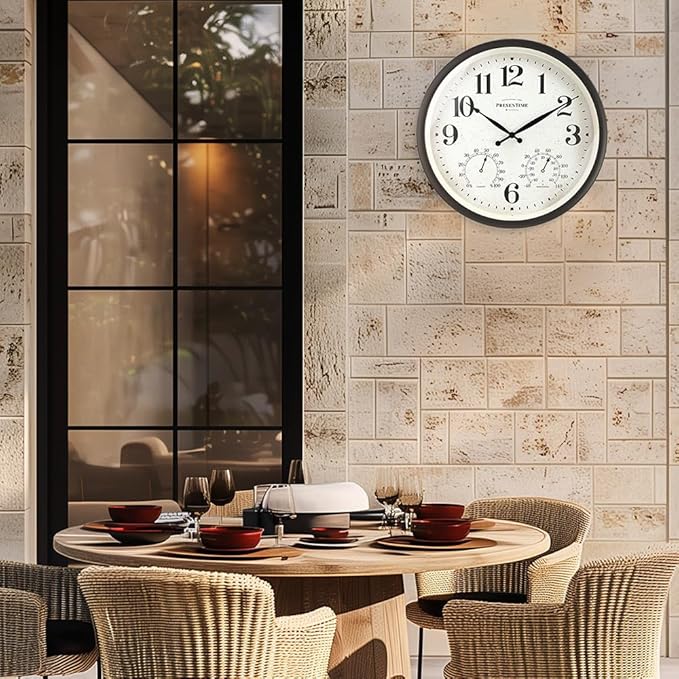 Presentime & Co 16" Farmhouse in/Outdoor Clock, Wall Clock & Weather Station, Weather Thermometer, Wall Décor and Timepiece for Farmhouse Decoration, Oil Rubbed Bronze Finish
