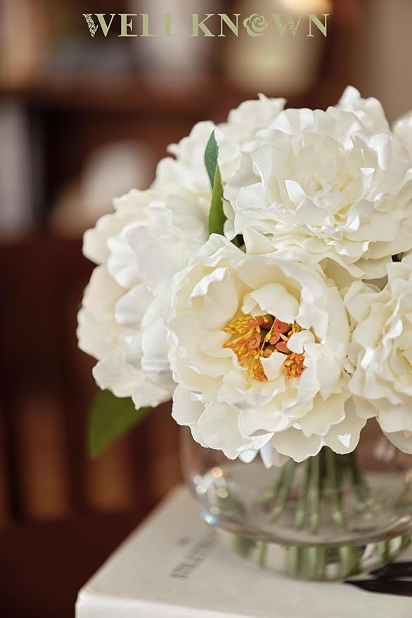 WELL KNOWN Artificial Flowers in Vase, Peonies Artificial Flowers for vase with Faux Water for Coffee Table Decor, Silk Fake Flower Arrangements Peonies Table Centerpieces (White)